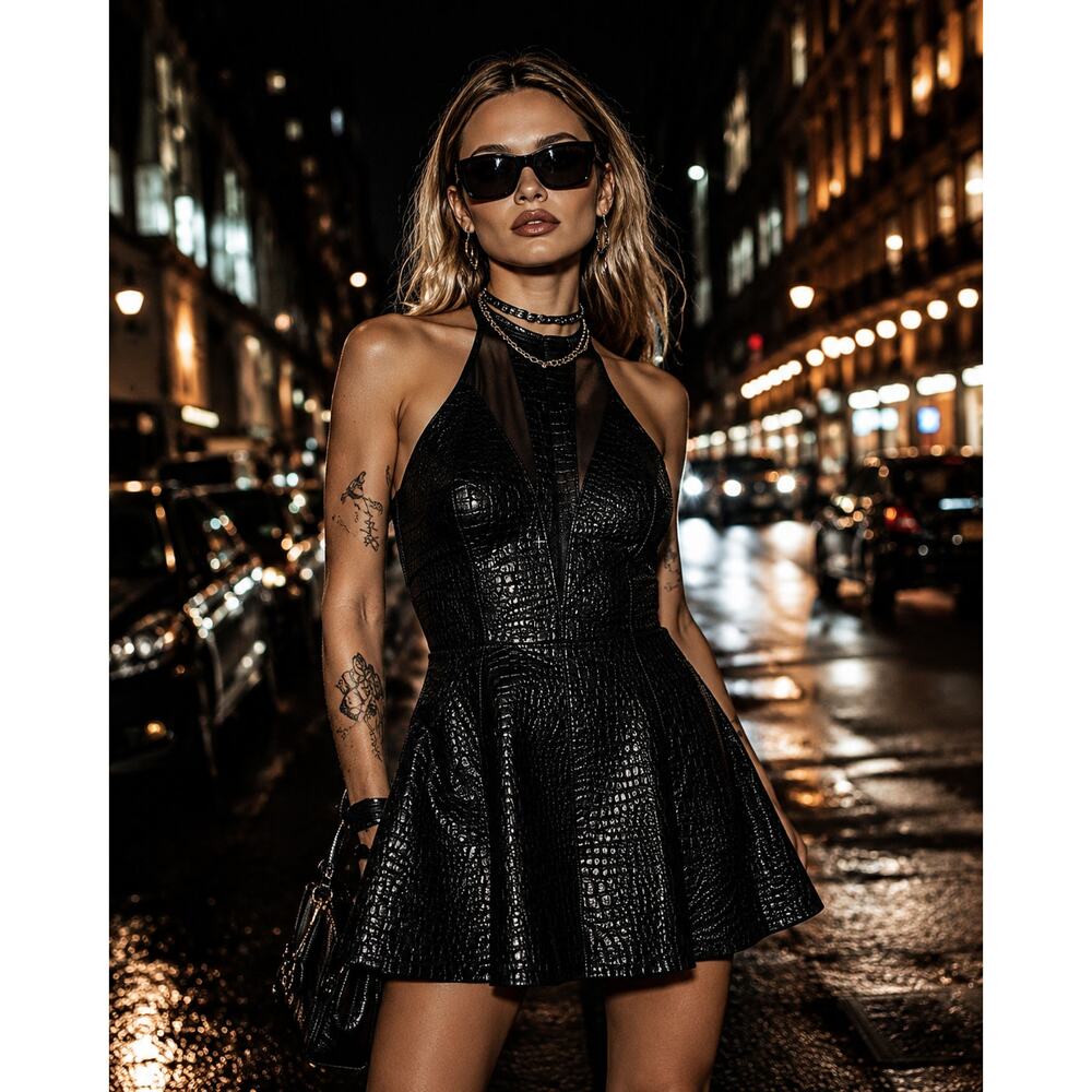 ASTR Black Croc Embossed Halter Skater Dress Mesh Cutout Small